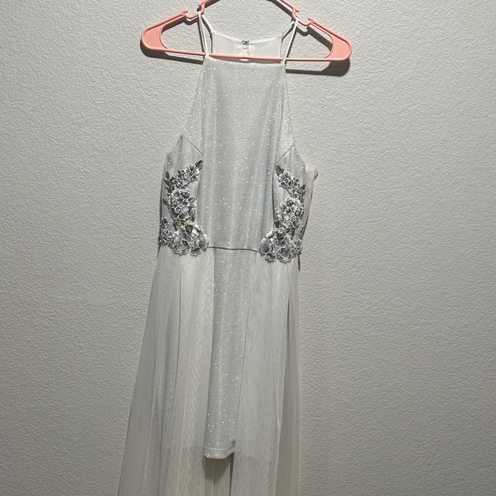 Chic White Kids Dress with Silver Floral Accents